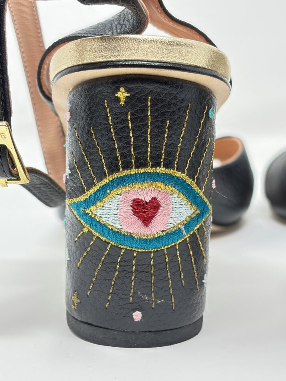 Butrich Black Leather Evil Eye Embroidered Block Heel Sandals - EU40/US 9-9.5